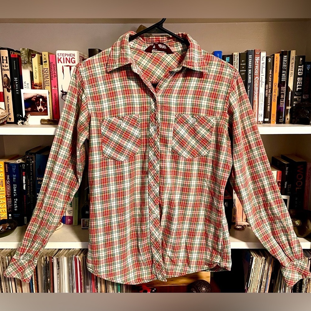 1970s Join-In Vintage Plaid Flannel Red Green Shirt Small Made in Hong Kong EUC